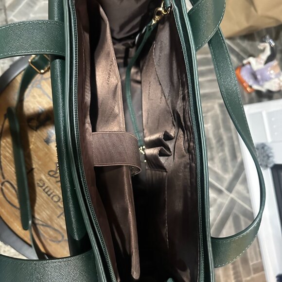 Lovenook Structured Work Tote Laptop Bag Green Saffiano Faux Leather Gold HW - Picture 3 of 7